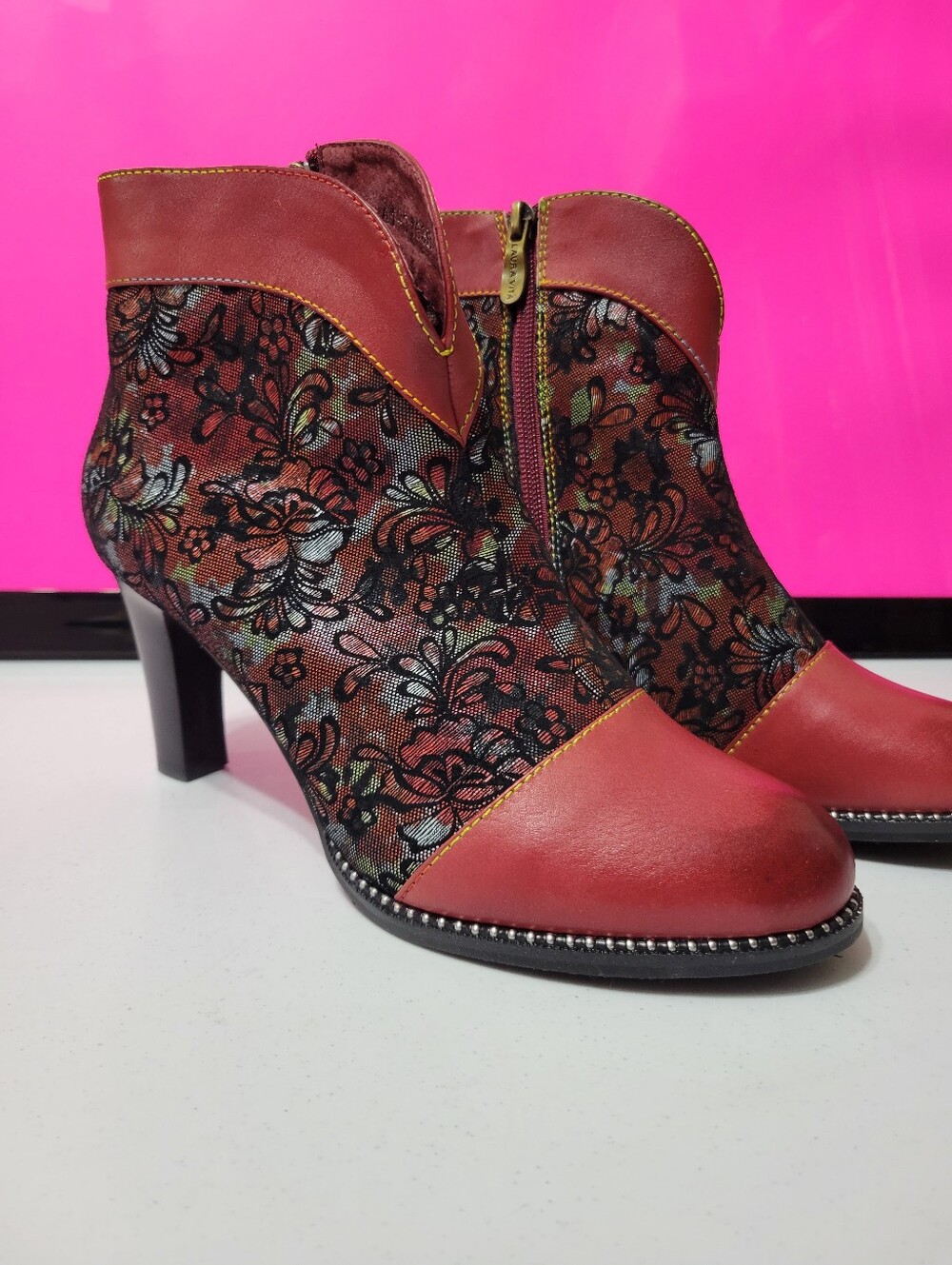 Laura Vita Red Floral Lace Leather Ankle Boots Heeled Sz 39